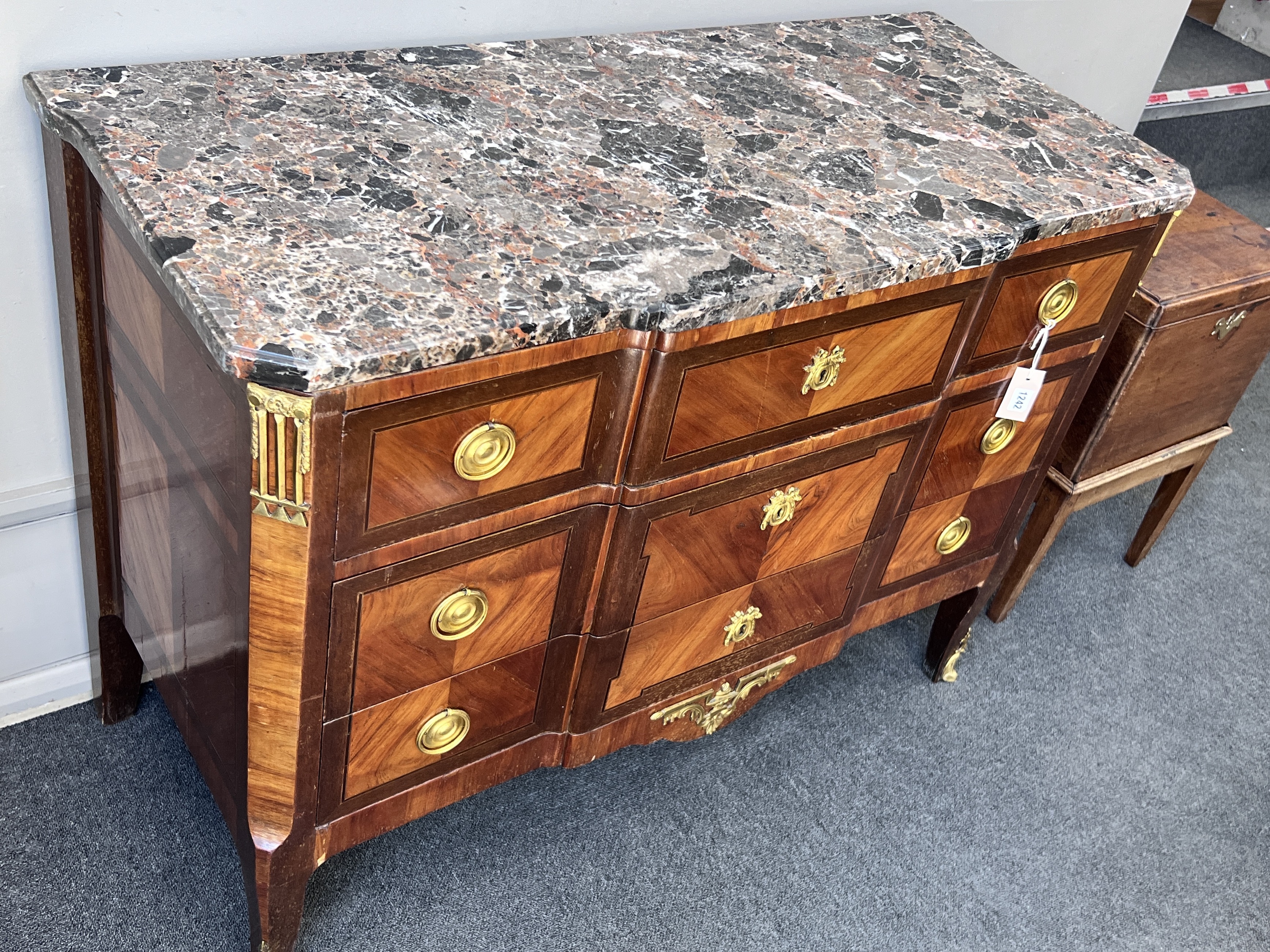 A French transitional style gilt metal mounted marble top kingwood commode, width 118cm, depth 52cm, height 85cm